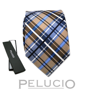 Blauw beige ruit stropdas – Pelucio geruite stropdas in beige en blauw