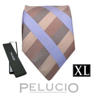 Beige blauwe ruit stropdas – Pelucio extra lange beige stropdas met ruit