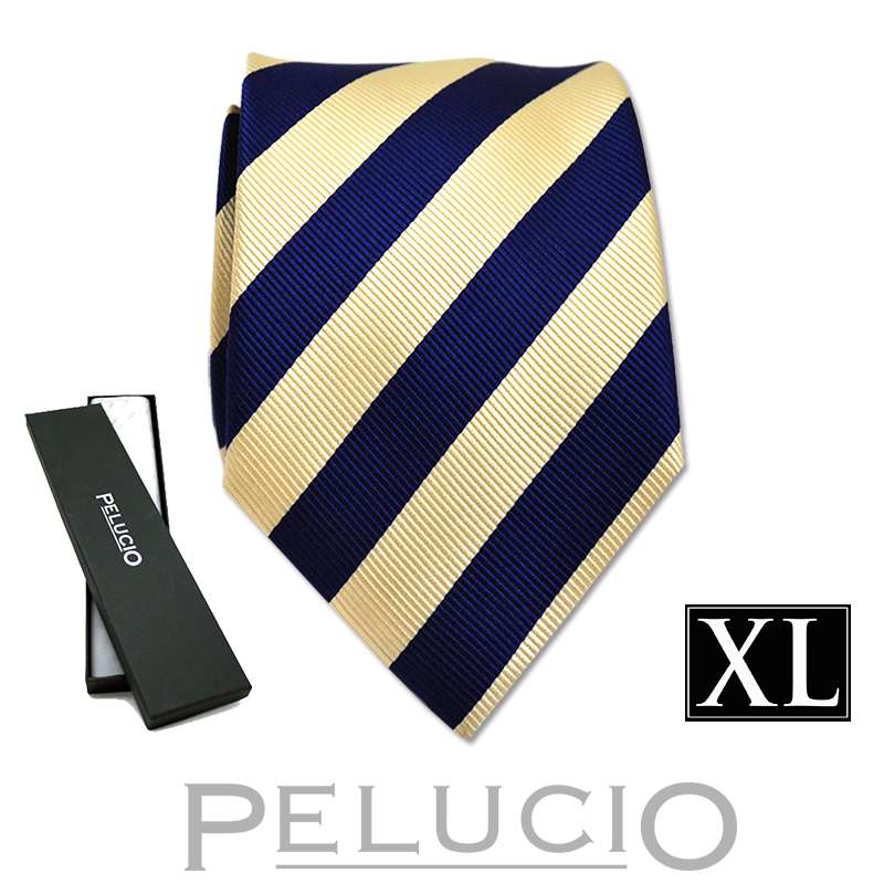 Pelucio extra lange blauwe stropdas met strepen Blauw gele streep stropdas – Pelucio extra lange gestreepte stropdas in blauw en geel