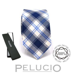 Blauw witte katoenen stropdas – Pelucio geruite stropdas in blauw en wit — P400.600