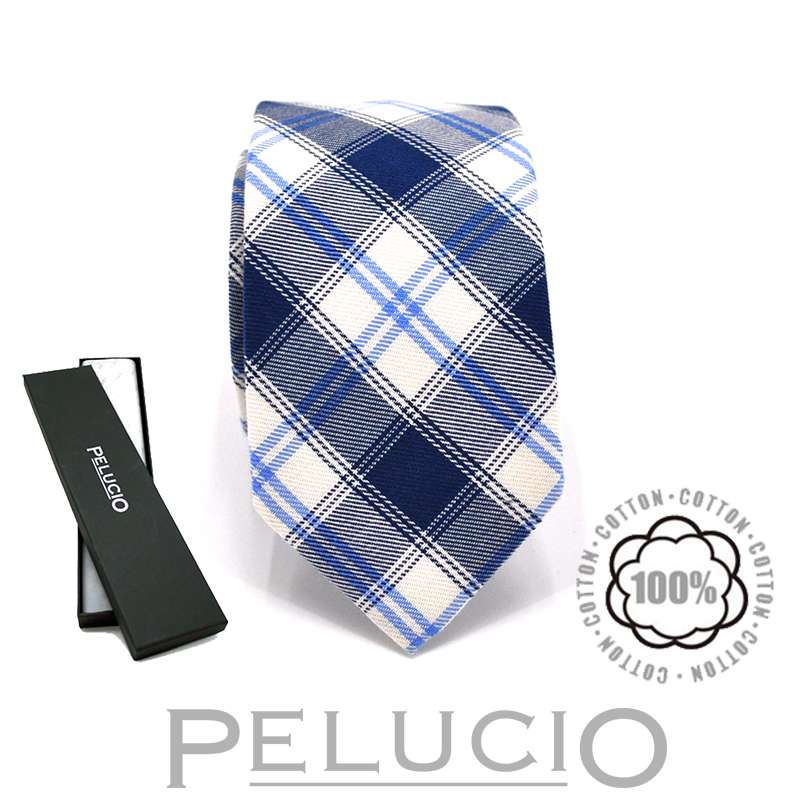 Pelucio blauwe stropdas met ruit Blauw witte katoenen stropdas – Pelucio geruite stropdas in blauw en wit — P400.600
