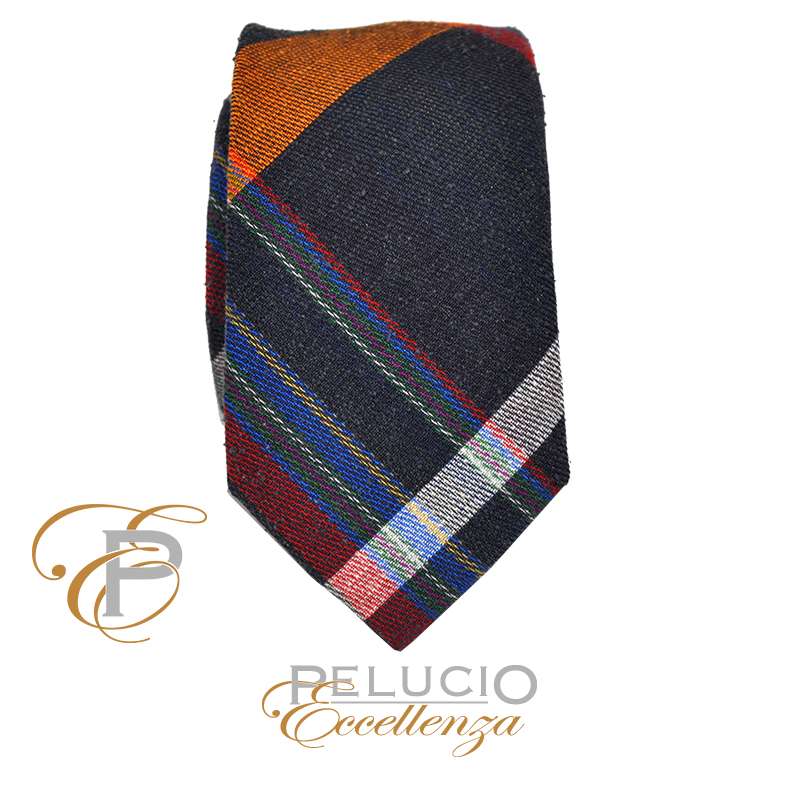 Pelucio blauwe stropdas met strepen Blue and orange plain wool tie – Pelucio striped tie in blue and orange — 134000014