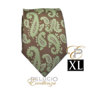 Groene paisley stropdas – Pelucio Eccellenza bruine extra lange stropdas met groen paisley