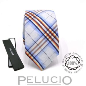 Blauwe fantasie katoenen ruit stropdas – Pelucio geruite stropdas in blauw — P400.604